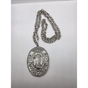 Vintage Silvertone Pendant Crest Necklace 36" Pendant 3 1/4"